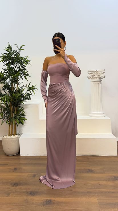 Dusty Rose Strapless Satin Evening Dress with Gloves