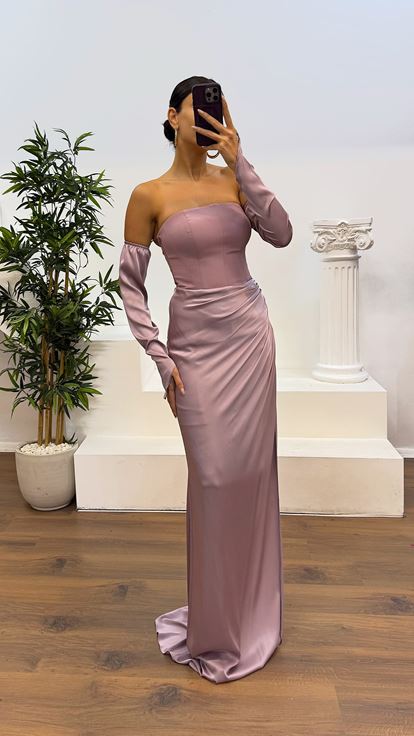 Dusty Rose Strapless Satin Evening Dress with Gloves