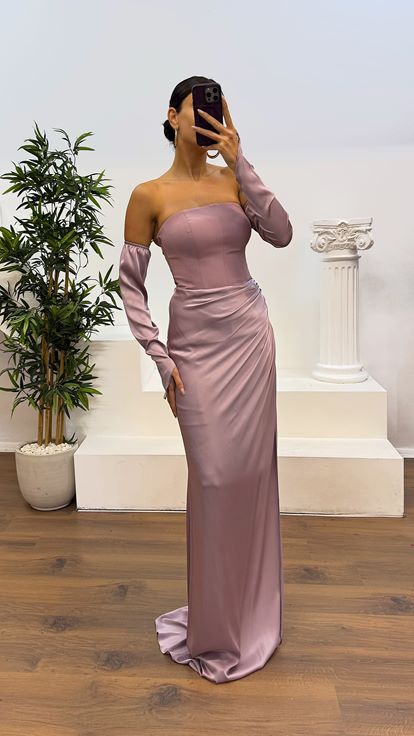 Dusty Rose Strapless Satin Evening Dress with Gloves