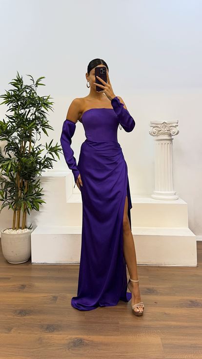Mor Straplez Eldivenli Saten Abiye Elbise