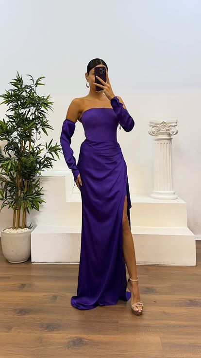 Mor Straplez Eldivenli Saten Abiye Elbise