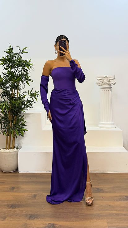 Mor Straplez Eldivenli Saten Abiye Elbise