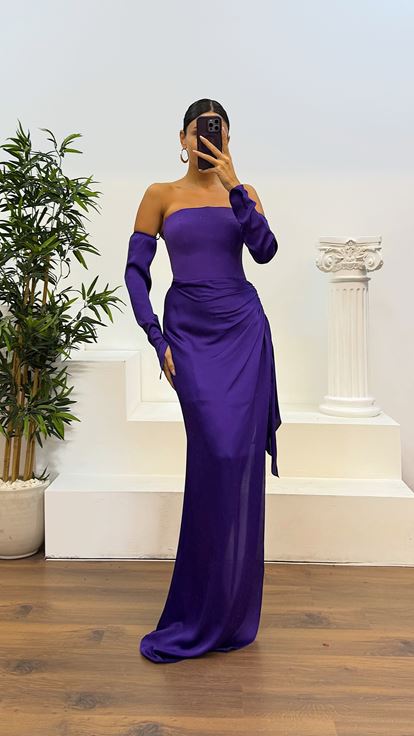 Mor Straplez Eldivenli Saten Abiye Elbise