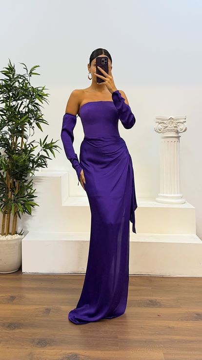 Mor Straplez Eldivenli Saten Abiye Elbise