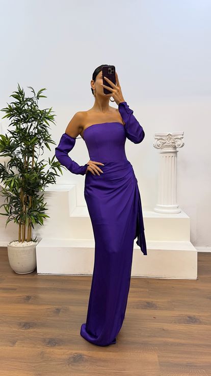 Mor Straplez Eldivenli Saten Abiye Elbise