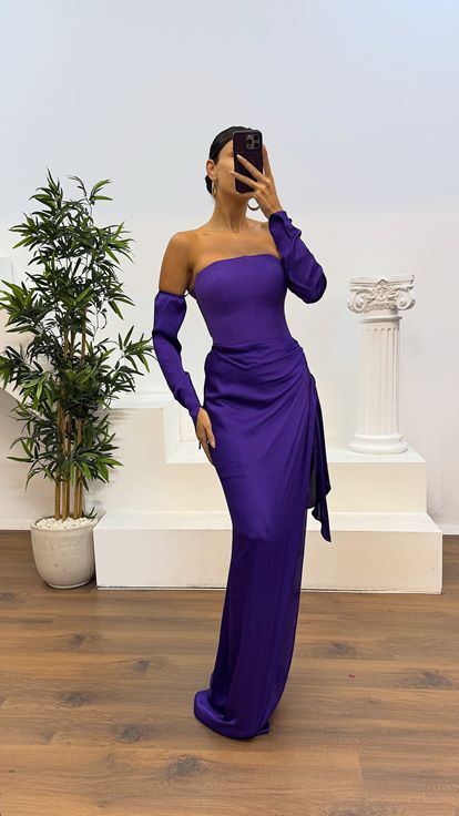 Mor Straplez Eldivenli Saten Abiye Elbise