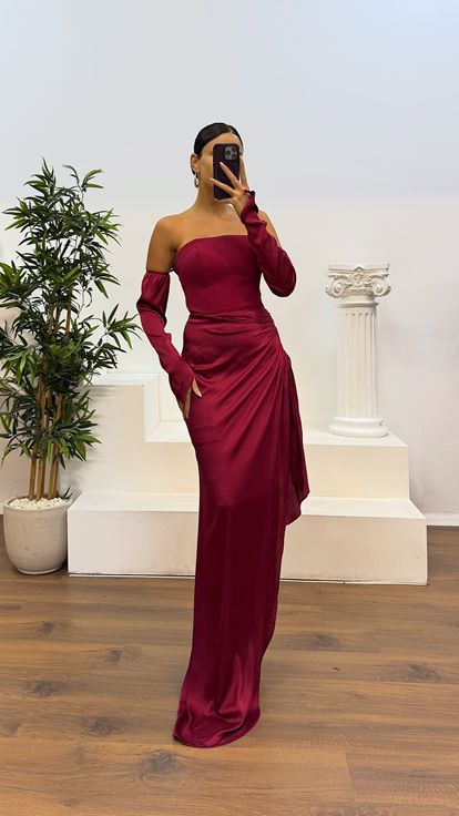 Bordo Straplez Eldivenli Saten Abiye Elbise