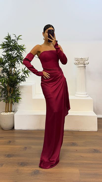 Bordo Straplez Eldivenli Saten Abiye Elbise