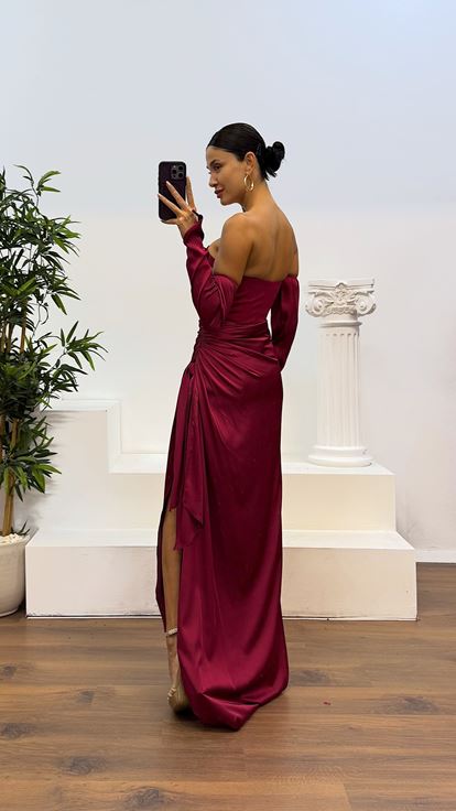Bordo Straplez Eldivenli Saten Abiye Elbise