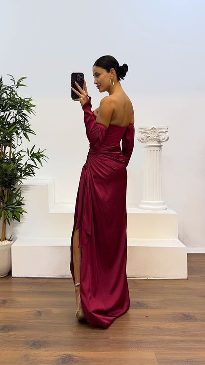 Bordo Straplez Eldivenli Saten Abiye Elbise