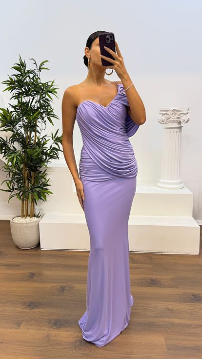 Lila Kol Detay Drapeli Abiye Elbise