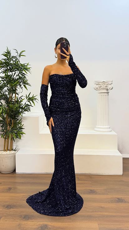 Marineblaues trägerloses Abendkleid mit Pailletten