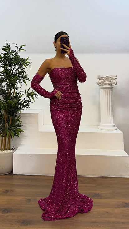 Fuşya Straplez Pul Payet Abiye Elbise