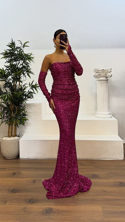 Fuşya Straplez Pul Payet Abiye Elbise