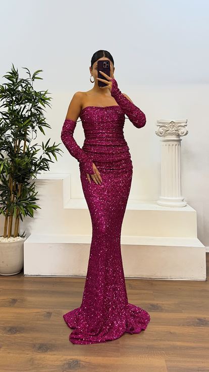 Fuşya Straplez Pul Payet Abiye Elbise