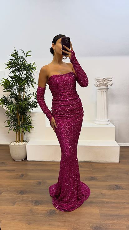 Fuşya Straplez Pul Payet Abiye Elbise