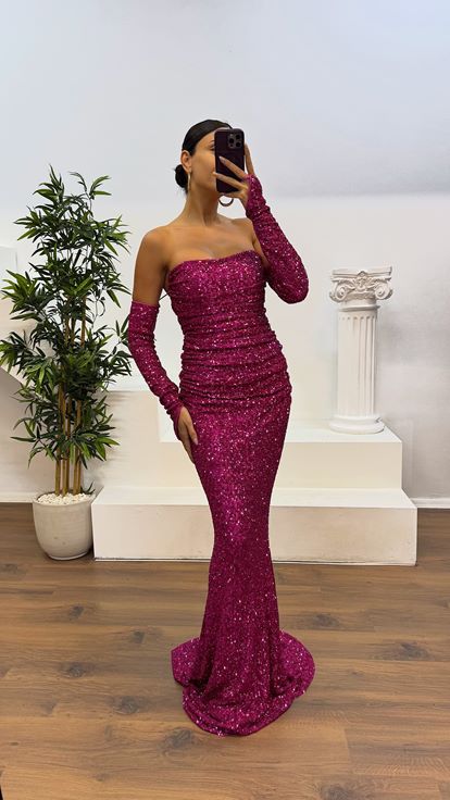 Fuşya Straplez Pul Payet Abiye Elbise