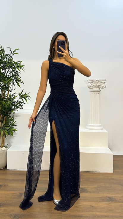 Abito da sera in rete monospalla blu navy