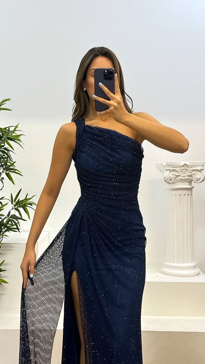Abito da sera in rete monospalla blu navy