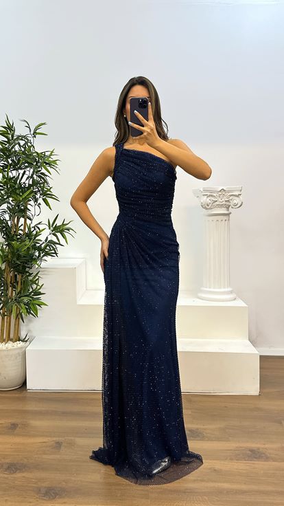 Abito da sera in rete monospalla blu navy