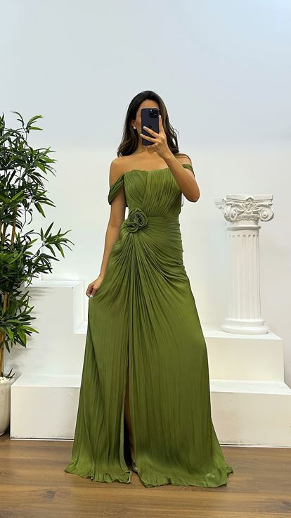 Haki Çiçek Detay Yırtmaçlı Abiye Elbise