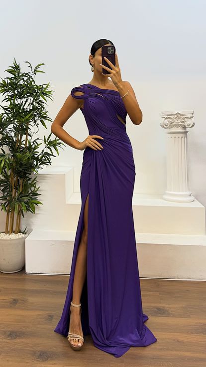 Mor Tek Omuz Transparan Detay Abiye Elbise