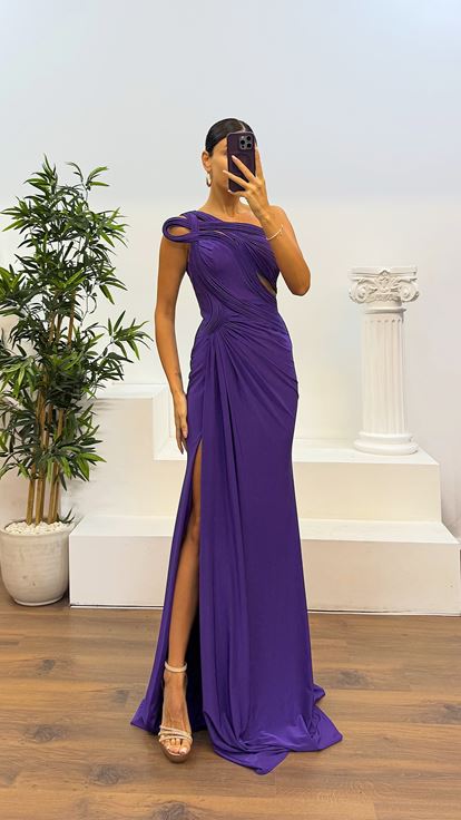 Mor Tek Omuz Transparan Detay Abiye Elbise