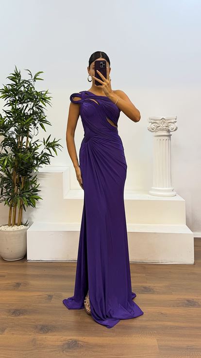 Mor Tek Omuz Transparan Detay Abiye Elbise