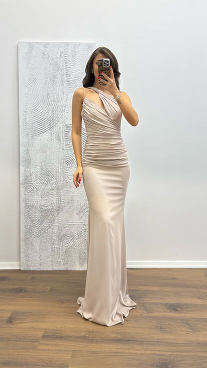 Tek Omuz Saten Abiye Elbise