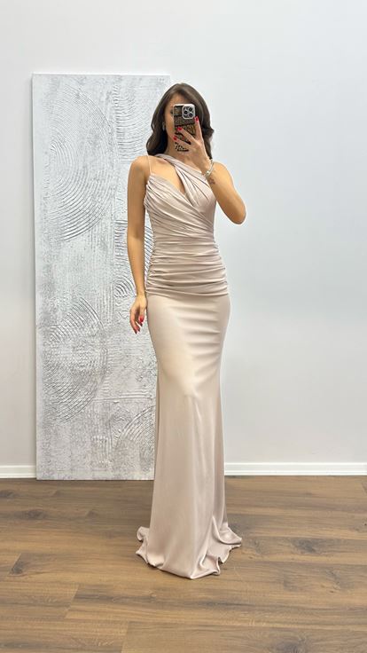 Tek Omuz Saten Abiye Elbise