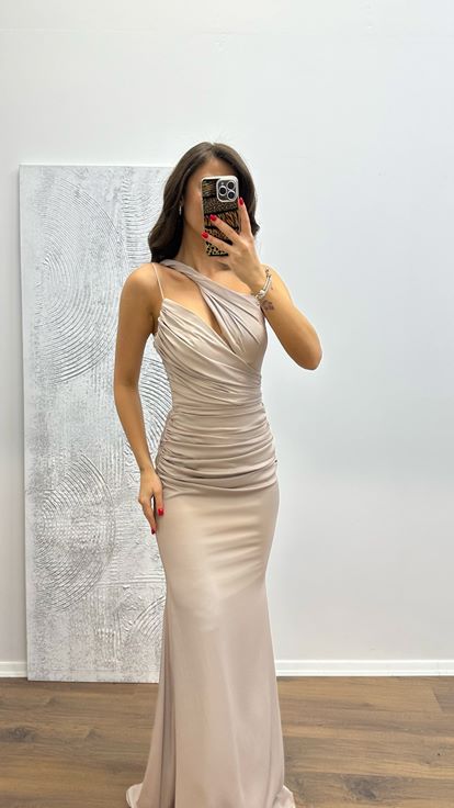 Tek Omuz Saten Abiye Elbise