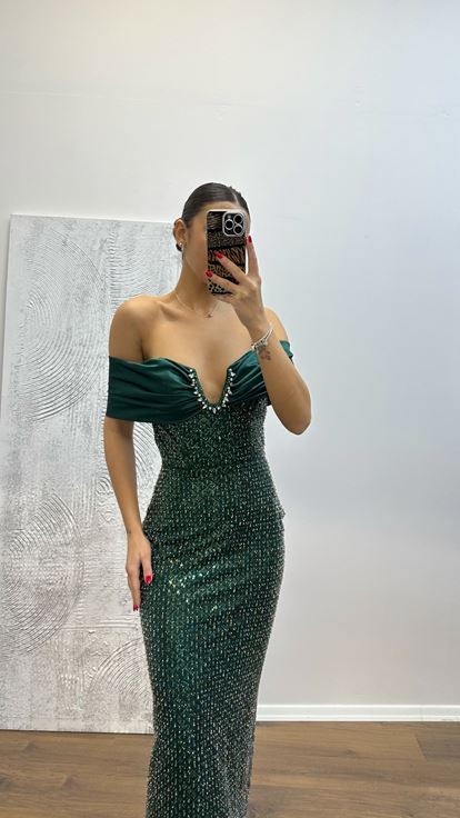Emerald Strapless Embroidered Evening Dress