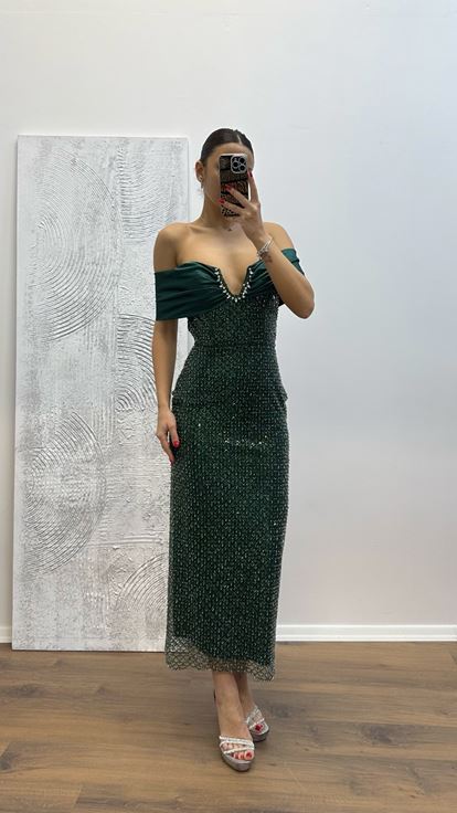 Emerald Strapless Embroidered Evening Dress