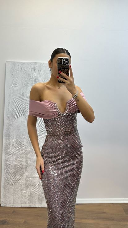 Pudra Straplez İşlemeli Abiye Elbise