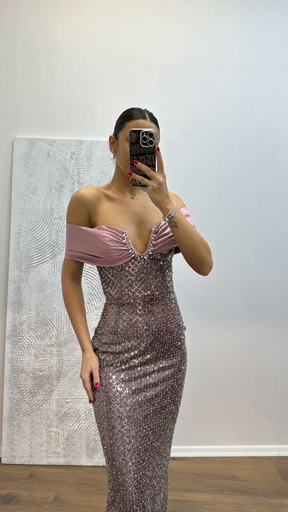 Pudra Straplez İşlemeli Abiye Elbise