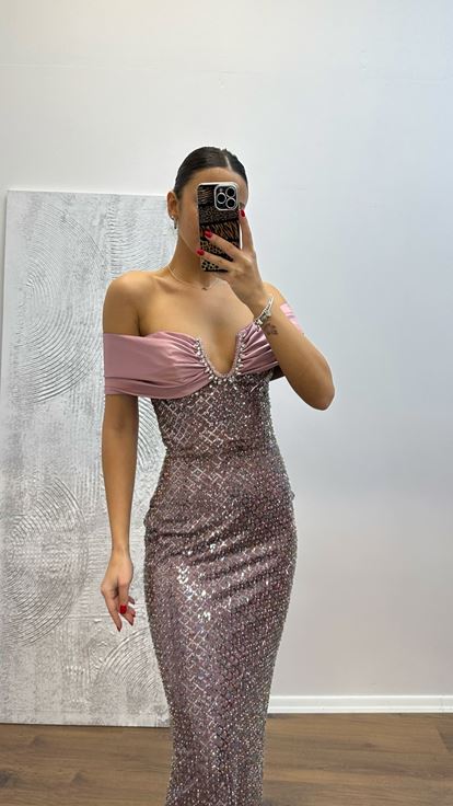 Pudra Straplez İşlemeli Abiye Elbise