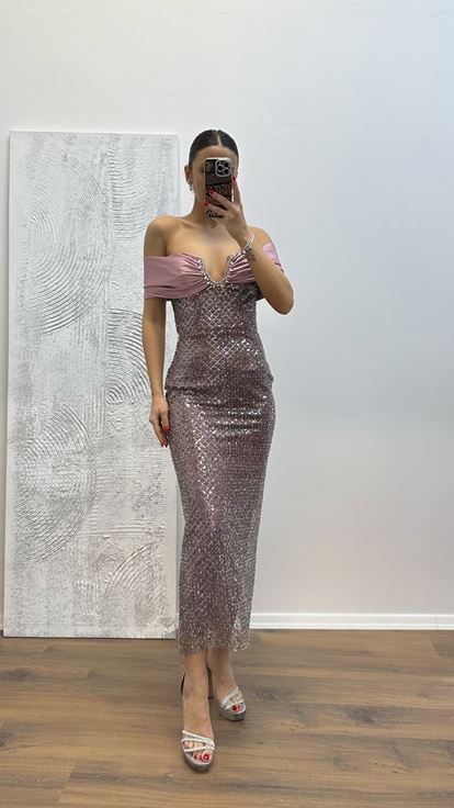 Pudra Straplez İşlemeli Abiye Elbise