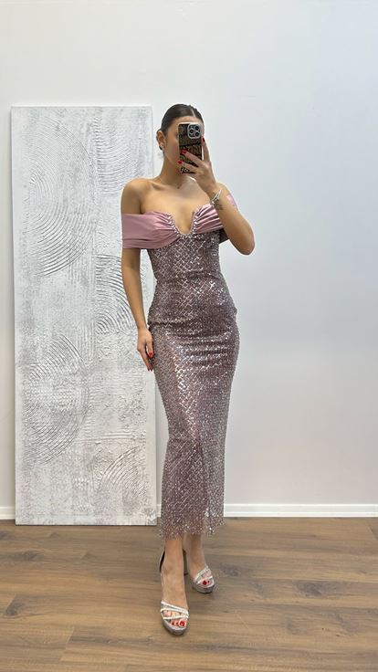 Pudra Straplez İşlemeli Abiye Elbise