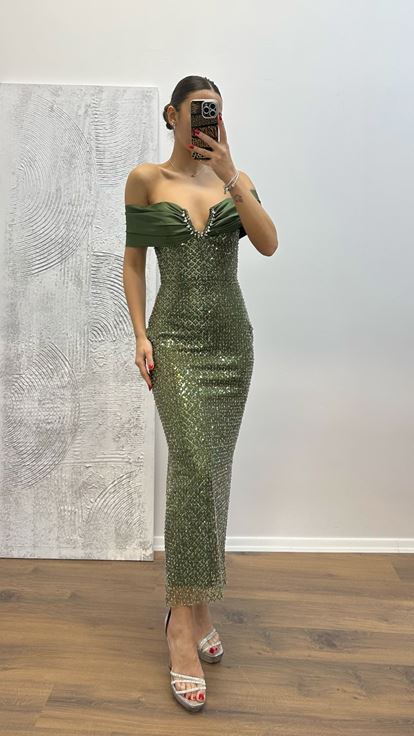 Haki Straplez İşlemeli Abiye Elbise