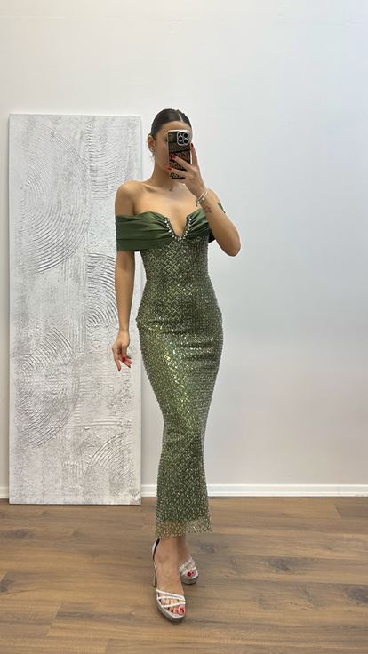 Haki Straplez İşlemeli Abiye Elbise