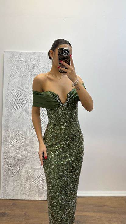 Haki Straplez İşlemeli Abiye Elbise