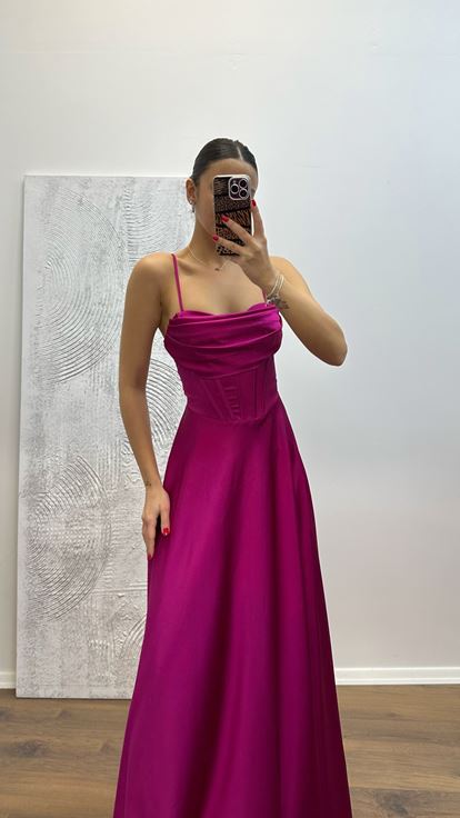 Fuchsia Back Detail Satin Evening Dress