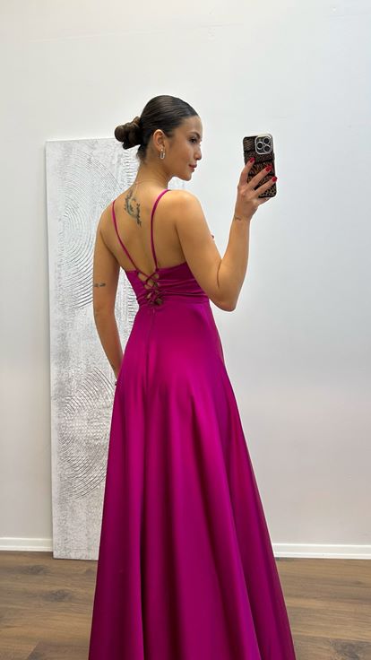 Fuchsia Back Detail Satin Evening Dress