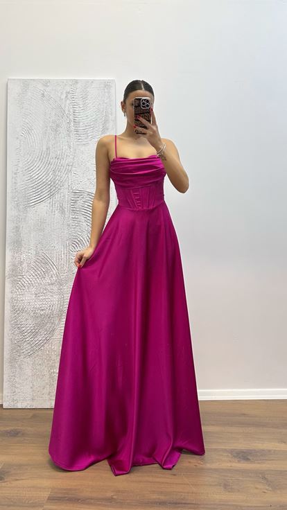 Fuchsia Back Detail Satin Evening Dress