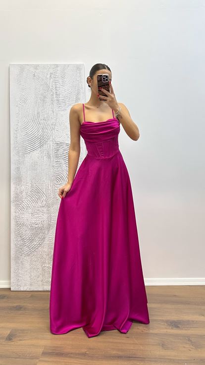 Fuchsia Back Detail Satin Evening Dress
