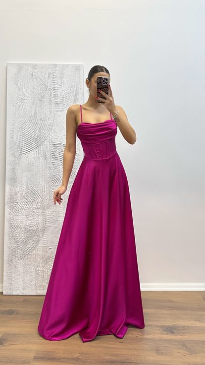 Fuchsia Back Detail Satin Evening Dress