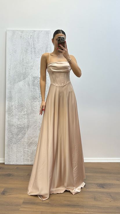 Vizon Sırt Detay Saten Abiye Elbise