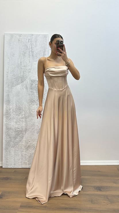 Vizon Sırt Detay Saten Abiye Elbise