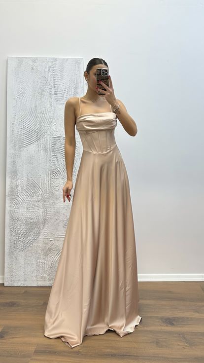 Vizon Sırt Detay Saten Abiye Elbise