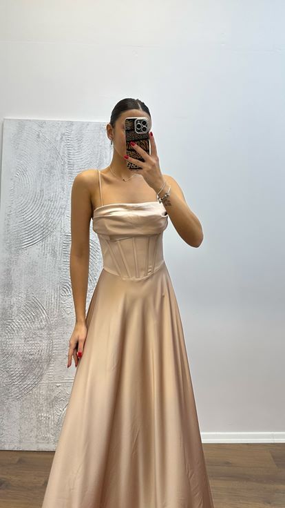 Vizon Sırt Detay Saten Abiye Elbise